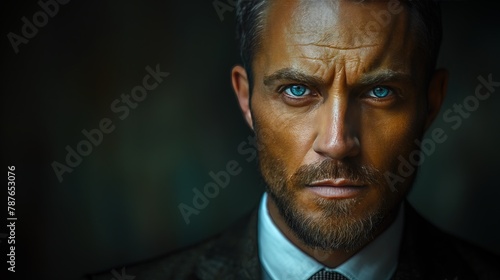 Intense Businessman Portrait with Striking Blue Eyes