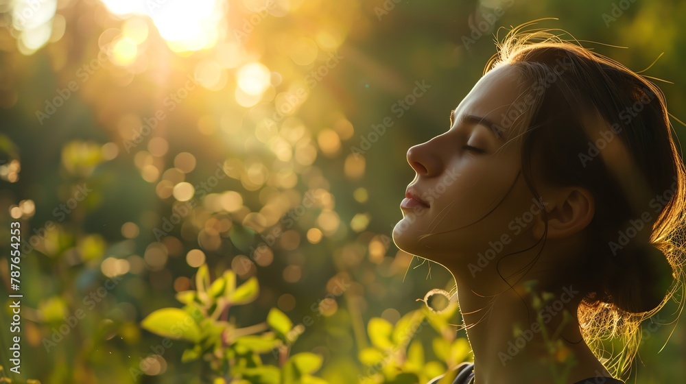 Fototapeta premium Nature Meditation Practice Practice mindfulness in nature by engaging in a nature meditation Find a quiet spot outdoors, close your eyes, and focus on your breath while immersing yourself in the sight