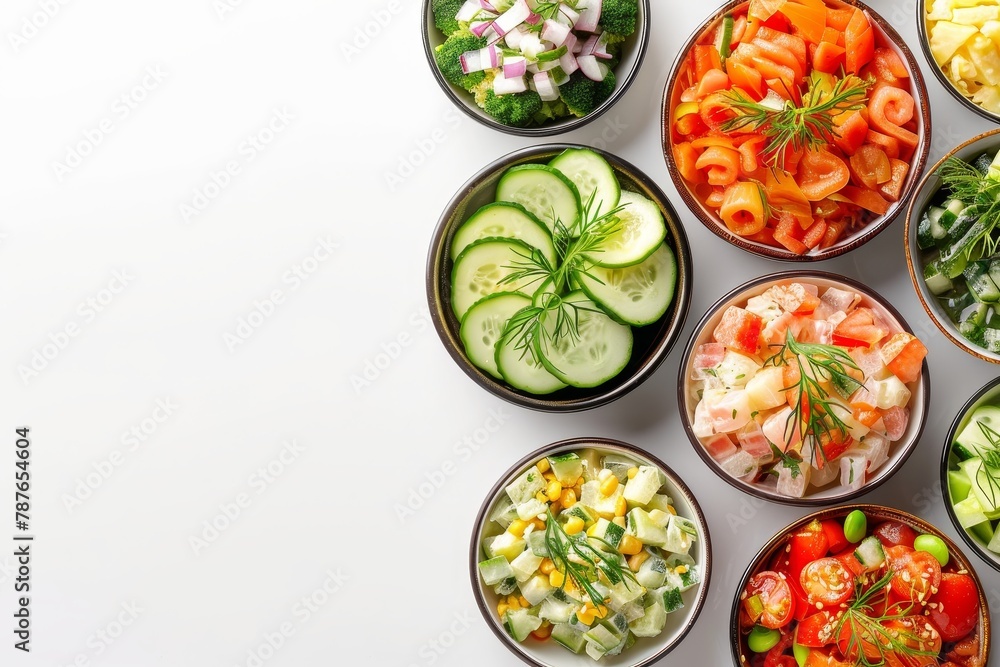 Russian salad set on white background top view Banner design Russian salad set on white background top view Banner design
