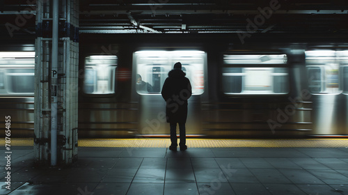 Silhouette of a Person Standing on Subway Platform, Speeding Train in Background, Nighttime Urban Scene