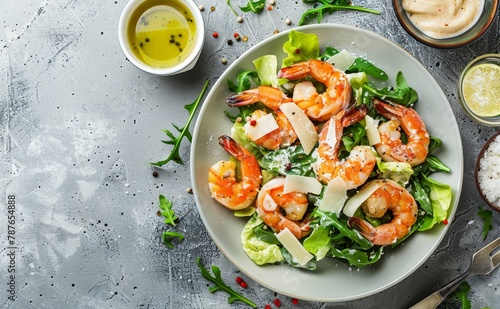 Seafood Caesar Salad with shrimp Caesar sauce parmesan on gray background