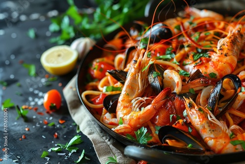 Seafood spaghetti with a variety of seafood and tomato sauce