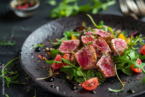 Seared tuna NiÃ oise salad on dark background gourmet presentation for health conscious foodies photo