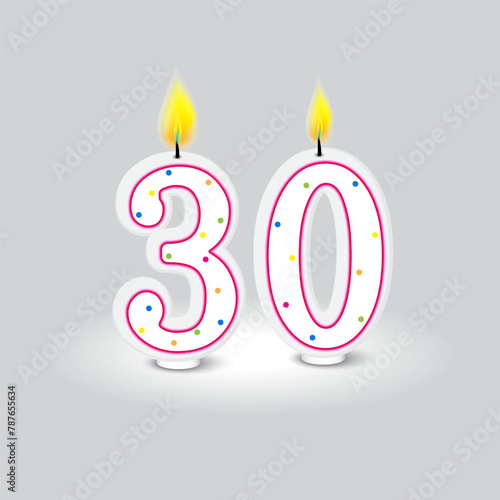 Number 30 birthday candles with colorful polka dots. Milestone celebration design. Vector illustration. EPS 10.