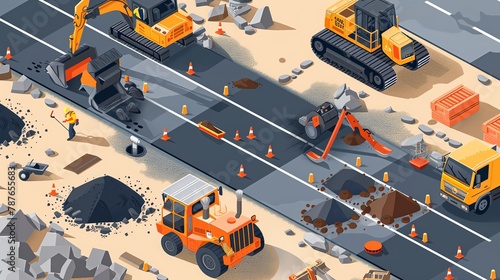 Road Construction Illustrations Create vector illustrations of road construction processes, from excavation and grading to paving and striping Use detailed graphics to explain each step of the constru photo