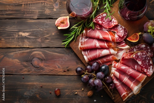 Sliced jamon on cutting board with fig grapes and red wine Parma ham on wooden background with copy space top view Traditional Spanish ham
