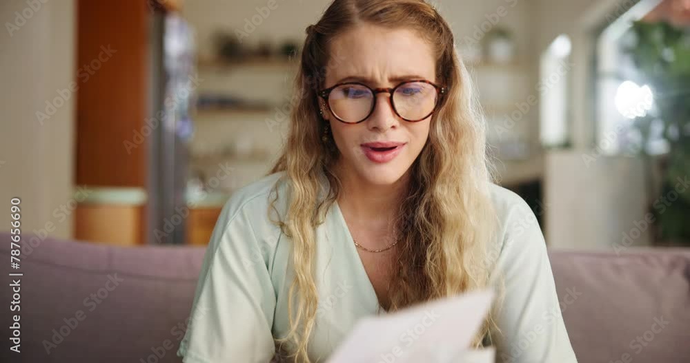 Living room, laptop and woman with stress of bills, paper and anxiety for payment of house. Apartment, home and female person with glasses on sofa or couch with receipt of balance of mortgage or loan Living room, laptop and woman with stress of bills, paper and anxiety for payment of house. Apartment, home and female person with glasses on sofa or couch with receipt of balance of mortgage or loan