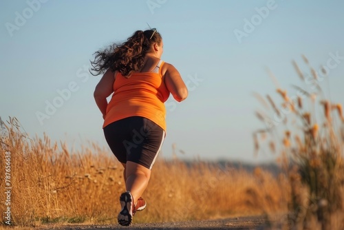 Overweight woman running on road