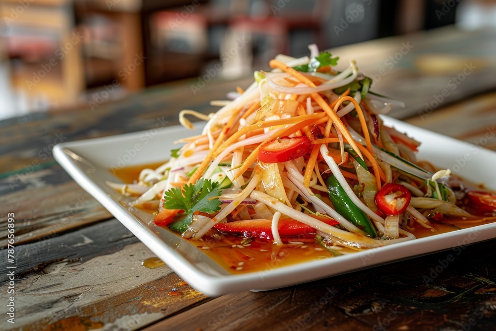 Thai style papaya salad on white plate on wooden table Thai style papaya salad on white plate on wooden table