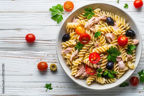 Top view of fusilli pasta salad with tuna tomatoes olives and parsley on white wooden background Copy space