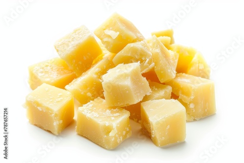 Top view of Parmesan cheese cubes with clipping path against white background Package included