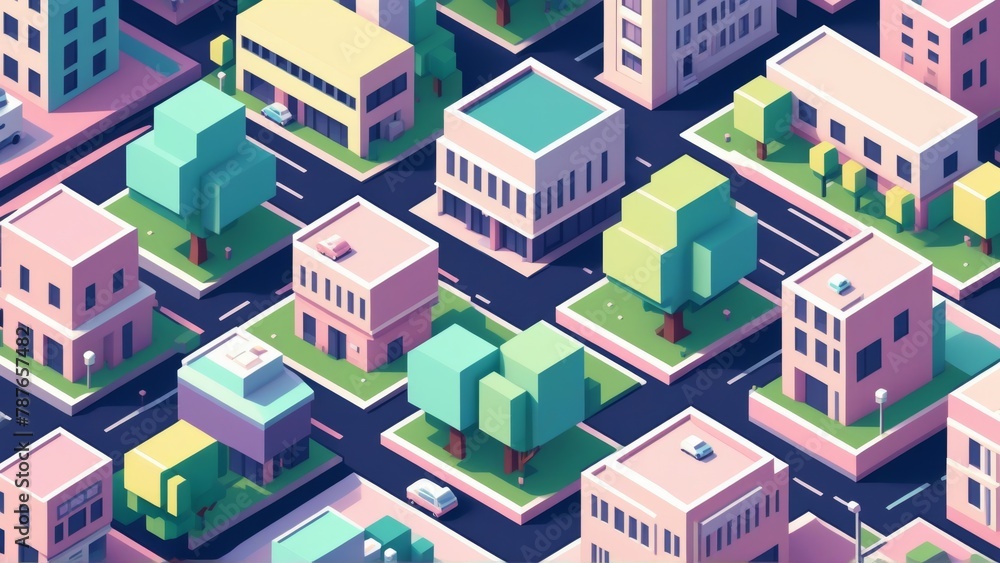 Vector isometric illustration of a city street with buildings and cars.