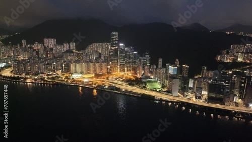 Aerial drone dusk nightfall skyview of residential and commerciall in Hong Kong East District near Victoria Harbour Kings Road in Tai Koo Shing North Point Quarry Bay Shau Kei Wan Sai Wan Ho photo