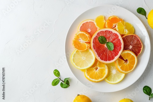 Top view of sliced citrus fruit on a white plate