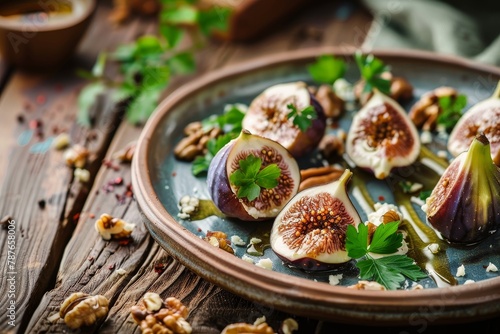 Turkish dessert with figs goat cheese walnuts honey on ceramic plate wooden background