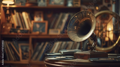Frame a vintage gramophone amidst a collection of classic vinyl records