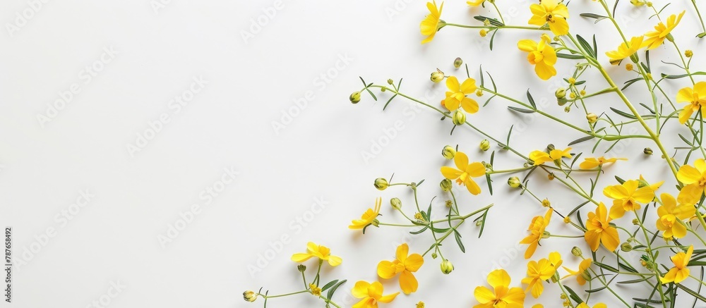 Arrangement of yellow flowers in a frame on a white backdrop, representing Easter, spring, and summer themes. Image taken from above with space for text.