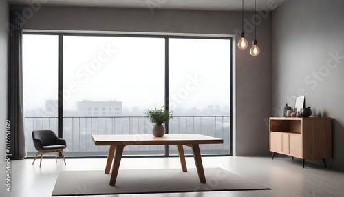 Minimalist empty wooden table with light in modern interior
