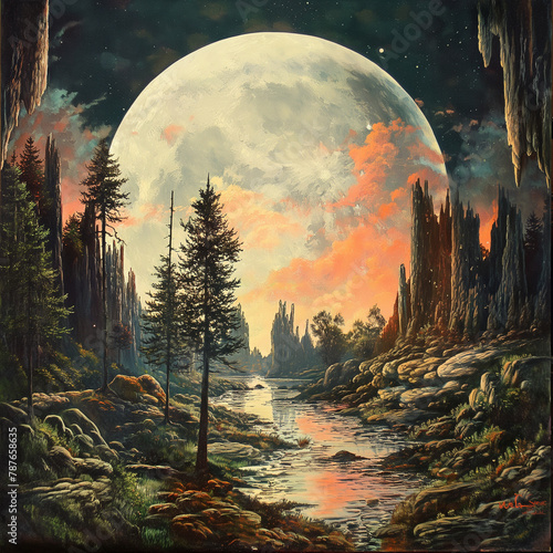 パラレルワールド 森のシルエットと不思議な風景画