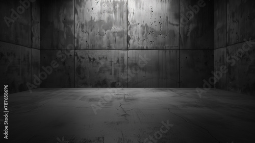 A large empty room with a grey wall. The room is empty and has no furniture. The wall is made of concrete and has a rough texture