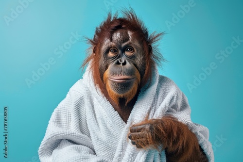 Orangutan in a white robe with a serene expression on a blue background.
