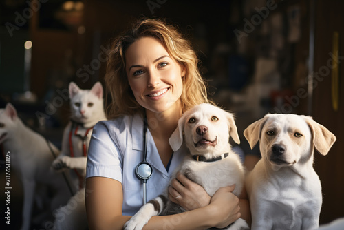 a female veterinarian is surrounded by pets in vetenary clinic photo