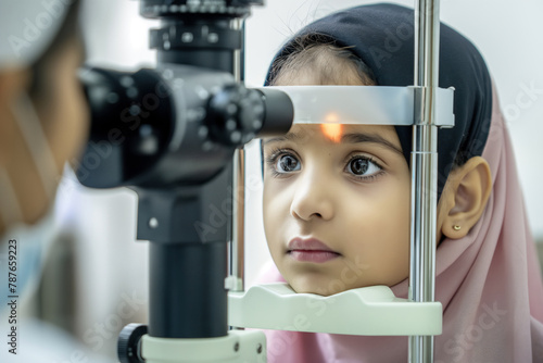 an arabian young girl undergoing an eye test at an ophthalmologist