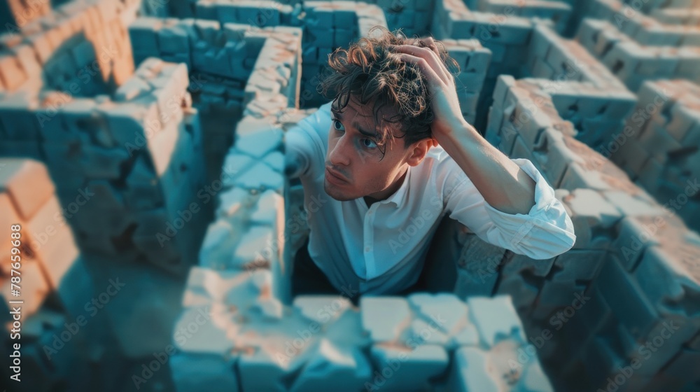 Young, disheveled businessman in a maze looking desperate. Young, disheveled businessman in a maze looking desperate.