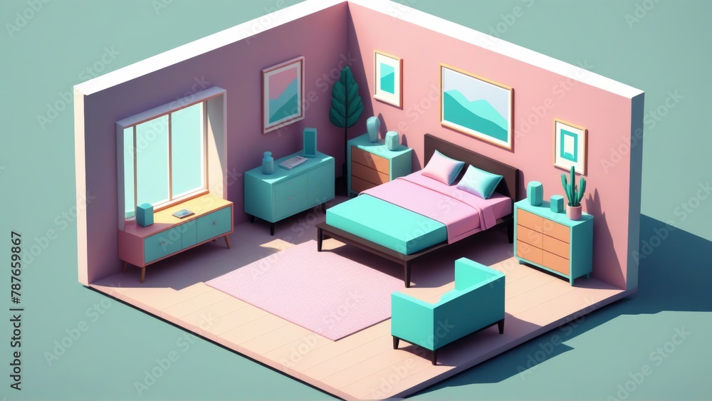 Interior of a bedroom in isometric view. 3D rendering