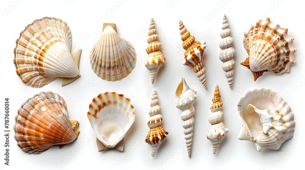 Obraz premium Diverse Seashell Compositions with Intricate Patterns and Textures on White Background