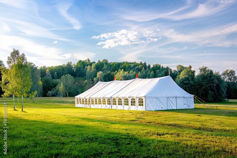 Fototapeta premium An oversized white tent for a nature wedding with green grass