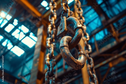 An overhead crane s iron chain and hook at a factory