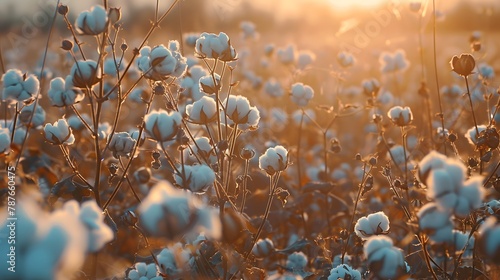 Cotton farm during harvest season. Field of cotton plants with white bolls. Sustainable and eco-friendly practice on a cotton farm. Organic farming. Raw material for textile industry.