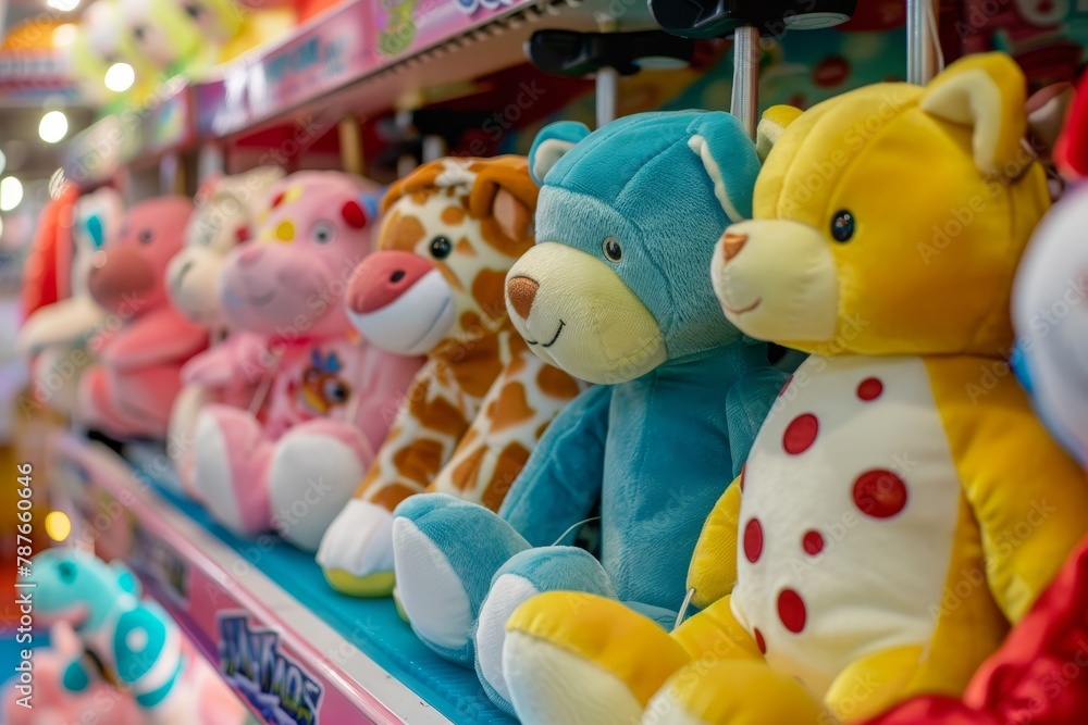 Arcade game with stuffed animal toys for children in amusement park