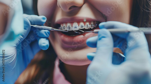 Close-up of Dental Braces Adjustment, Orthodontist's Hands Working Inside Patient's Mouth, highlighting the meticulous care in dental health