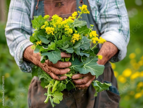 Farmer Holding Freshly Harvested Organic Mustard Greens in Verdant Garden Patch