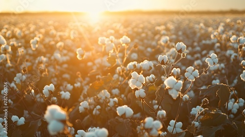 Cotton farm during harvest season. Field of cotton plants with white bolls. Sustainable and eco-friendly practice on a cotton farm. Organic farming. Raw material for textile industry. photo