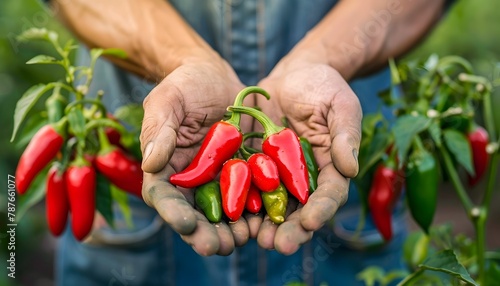 Farmer Holding an Abundance of Serrano Peppers in His Hands Showcasing Sustainable Agricultural Practices and Fresh Organic Produce