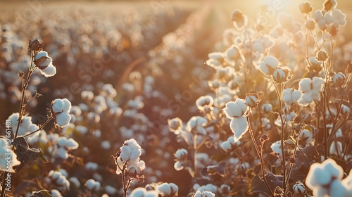 Cotton farm during harvest season. Field of cotton plants with white bolls. Sustainable and eco-friendly practice on a cotton farm. Organic farming. Raw material for textile industry. photo