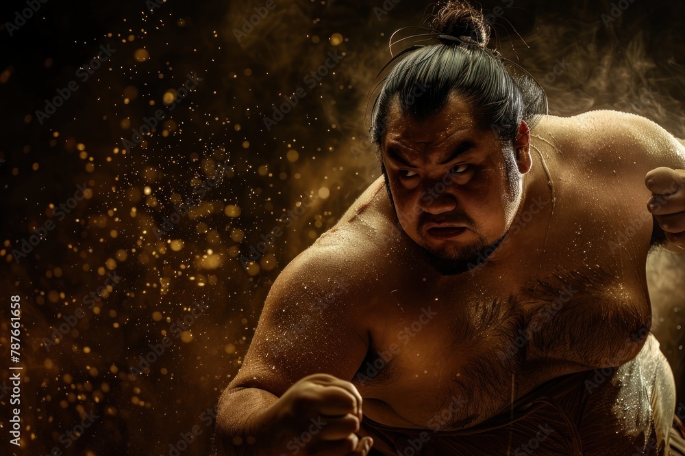 Intense sumo wrestler in action, surrounded by golden dust and dramatic lighting.