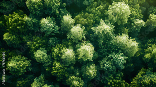 Aerial top view of green trees in forest. Drone view of dense green tree captures CO2. Green tree nature background for carbon neutrality and net zero emissions concept. Sustainable green environment