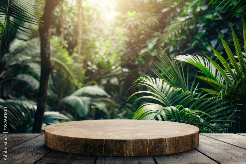 Wood tabletop podium floor in outdoors blur green leaf tropical forest nature landscape background.cosmetic natural product mock up placement pedestal stand display,jungle summer - generative ai