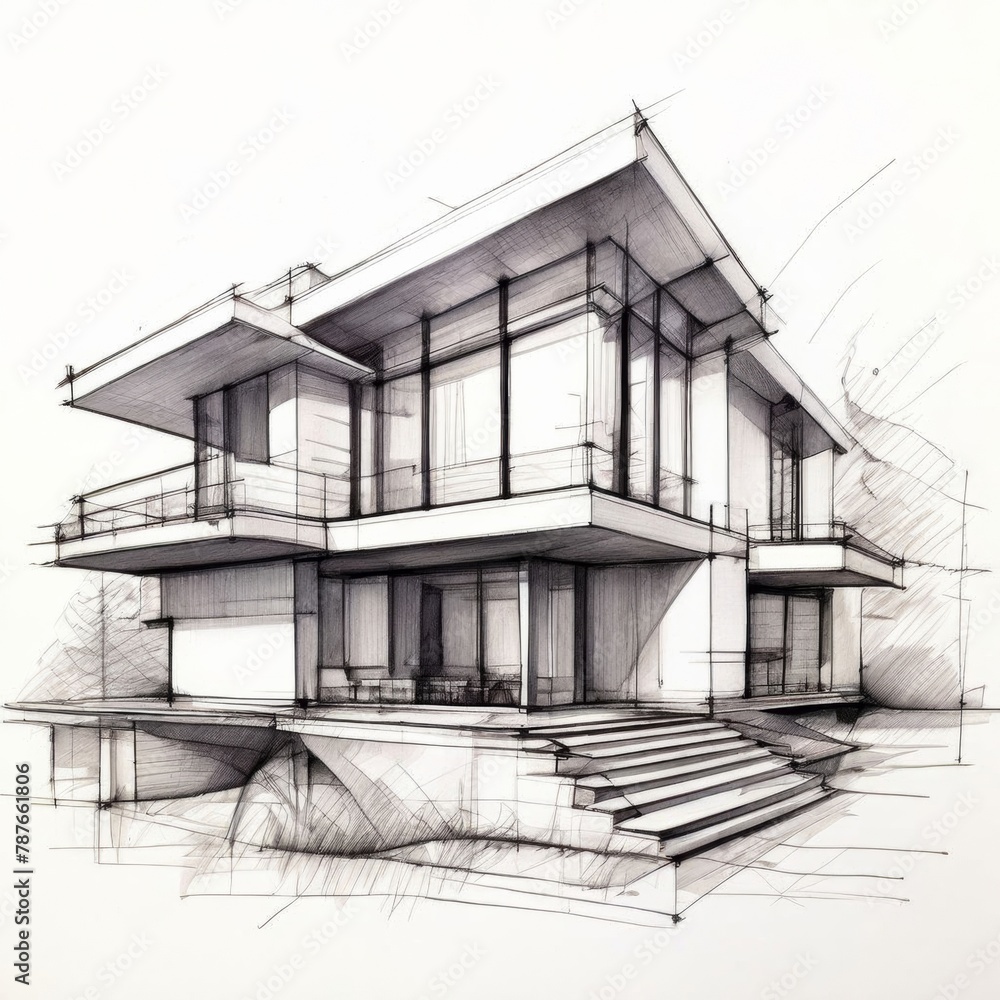 Architect's House Hand Sketch Drawing - Home Design, Architect’s Office, Real Estate Planning. Architect's House Hand Sketch Drawing - Home Design, Architect’s Office, Real Estate Planning.