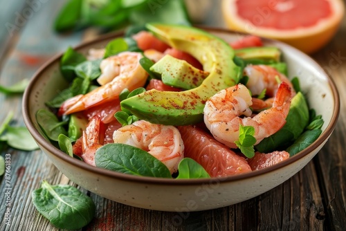 Avocado shrimp and grapefruit salad on wooden table