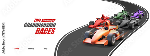 3D sports cars, racing cars in motion on the track. Banner for advertising rally sports competitions. The season opener, top riders and champions. Vector illustration.