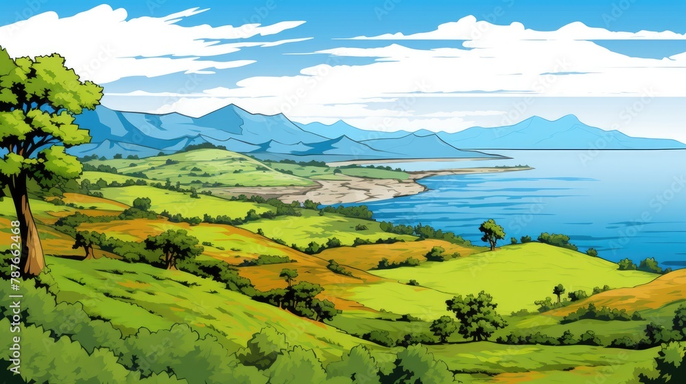 Serene Nature Landscape, Vibrant Cartoon Illustration