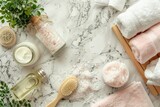 Bathroom decor with towels soap sea salt and aromatherapy for design advertising