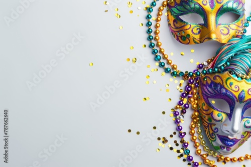 Beads and masks on white background