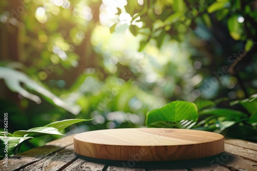Wood tabletop podium floor in outdoors blur green leaf tropical forest nature landscape background.cosmetic natural product mock up placement pedestal stand display jungle summer - generative ai