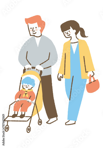 People strolling while pushing a stroller_Color